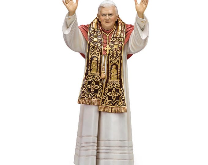 Statue of Pope Benedict XVI carved from Valgardena wood and hand-decorated, handcrafted in Italy.