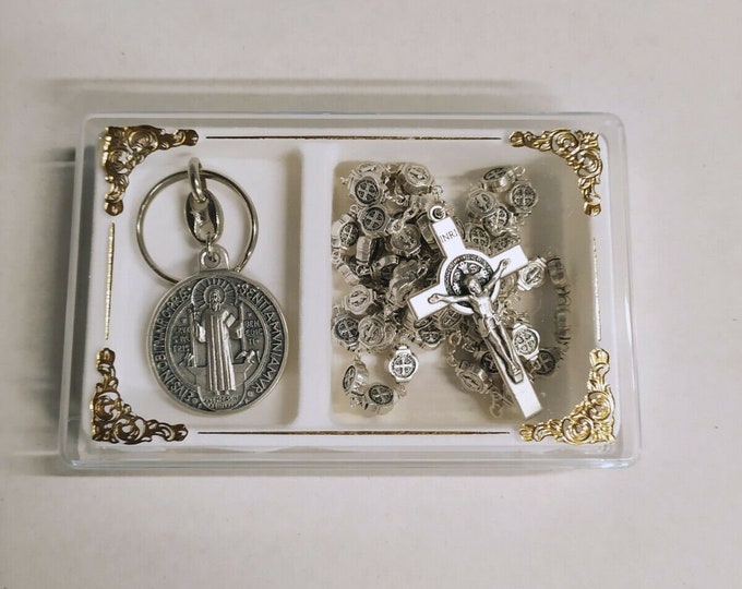 Rosary and key ring of St. Blessed of Norcia, in silver metal, with deluxe case of Italian artisan production