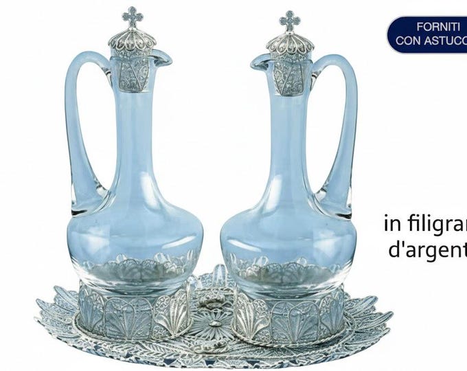 Liturgical cruets with tray for Eucharistic celebrations made of glass and 800‰ silver filigree, Italian artisan production