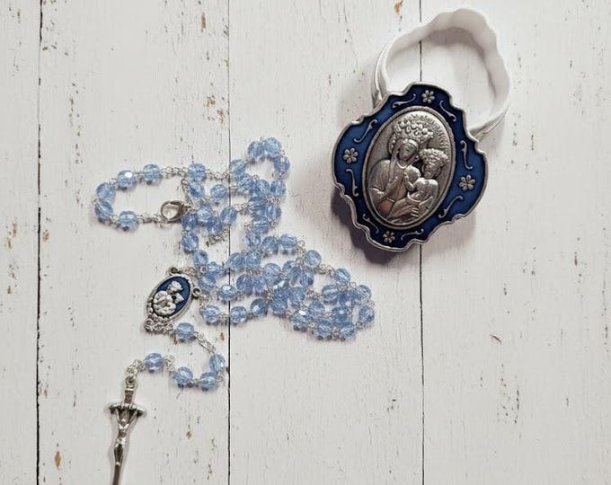 Rosary of Our Lady of Good Health in half blue crystal and hook with deluxe case, handcrafted in Italy