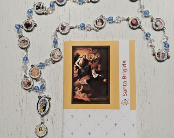 Rosary of Saint Bridget, half-crystal beads with recitation booklet, handcrafted in Italy