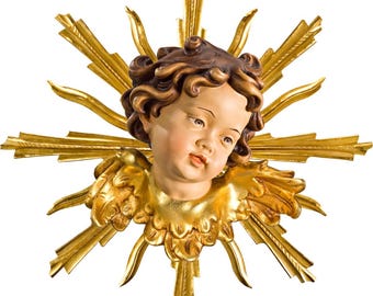 Angel sculpture, putto with rays, carved in Valgardena wood and decorated by hand, Italian artisan production, various sizes
