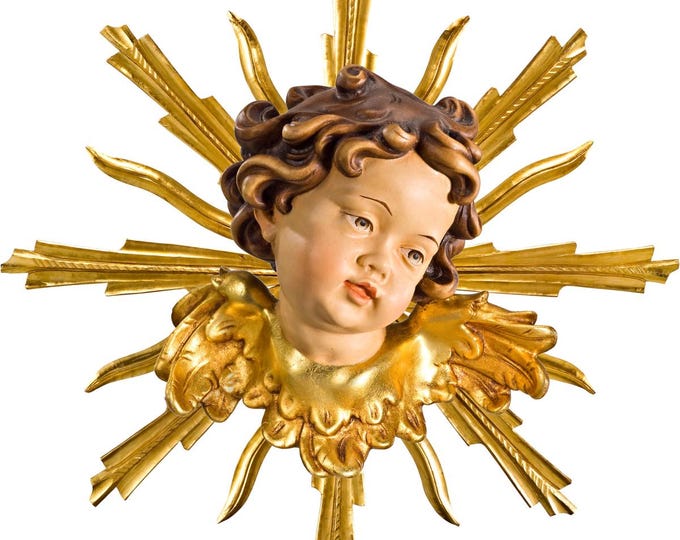 Angel sculpture, putto with rays, carved in Valgardena wood and decorated by hand, Italian artisan production, various sizes
