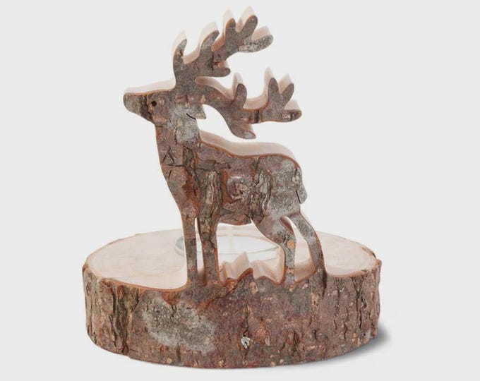 Candle holder with deer 12 cm (4.72 inches) carved in Valgardena wood, unique artistic carving, handcrafted in Italy