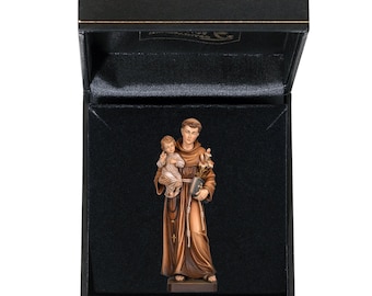 Statue of Saint Anthony of Padua with deluxe case carved in Valgardena wood, hand decorated, Italian artisan production
