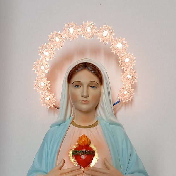 Statue de la Madone Sacré-Cœur de Marie cm 30 (11,81 pouces) résine décorée à la main avec halo lumineux Production artisanale italienne