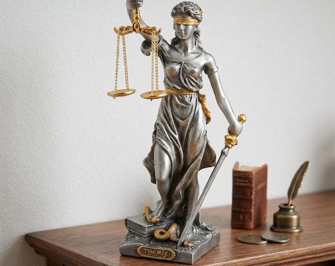 Classical sculpture Themis Goddess of Justice, 11 cm (4.33 inches) in solid pewter, hand-decorated, artisanal, made in Italy