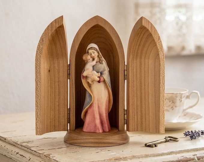 Statue of the Madonna with child in niche 12 cm (4.72 inches), carved in Valgardena wood, hand-decorated, Italian production