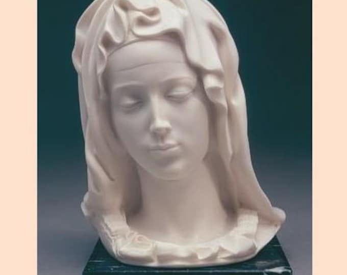 Classic sculpture "Head of the Madonna by Michelangelo" cm 17 (6.69 inches) in alabaster powder, marble base, handcrafted, made in Italy