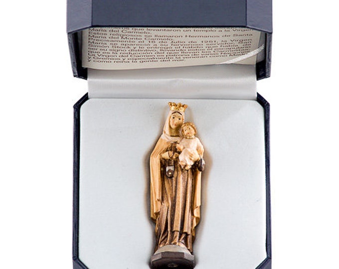 Statue of Madonna del Carmine with deluxe case carved in Valgardena wood and hand-decorated with Italian handicraft production