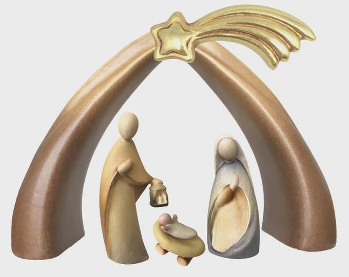 Presepe, Sacra Famiglia moderna, scolpito in legno della Valgardena, varie misure disponibili, produzione artigianale italiana