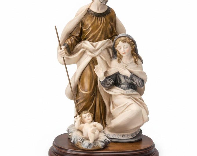 Nativity statue, Holy Family cm 40 (15.74 inches) made of alabaster powder, wooden base, hand decorated, made in Italy