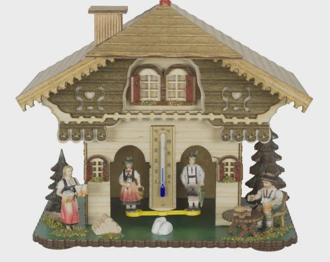 Val Gardena timepiece house with folkloristic scene and Alpine chalet, 20 cm (7.87 inch), handcrafted in Italy