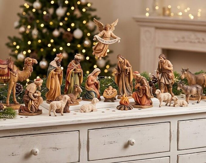 Complete nativity scene 32 pieces (without stable) carved in Valgardena wood, hand decorated, various sizes, Italian artisan production