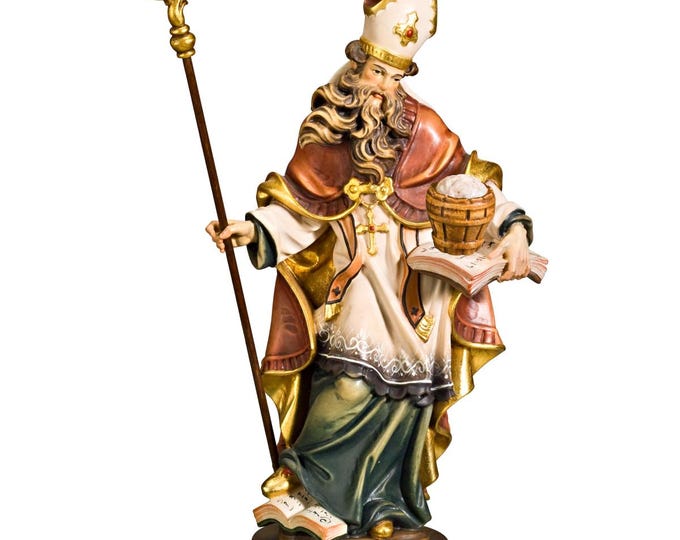 Statue of Saint Rupert carved in Valgardena wood, hand-decorated, Italian artisan production, various decorations and sizes.