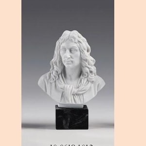 Sculpture bust of Molière cm 14 (5.51 inches) in alabaster powder, marble base, handcrafted, made in Italy
