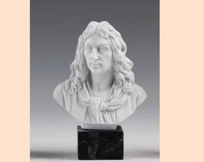 Sculpture bust of Molière cm 14 (5.51 inches) in alabaster powder, marble base, handcrafted, made in Italy