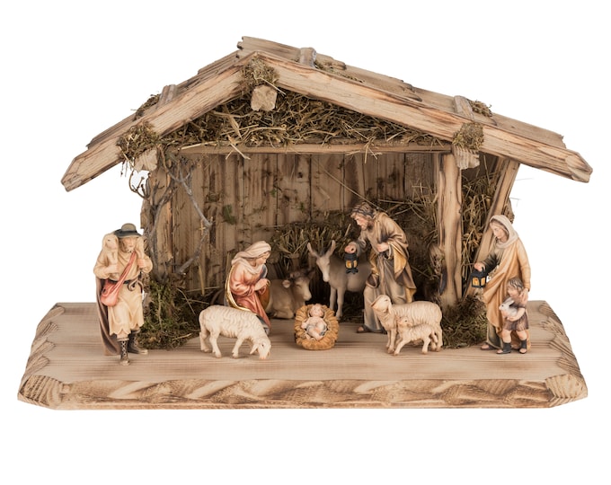 Nativity scene carved in Valgardena wood and decorated by hand, 11 pieces with hut, Italian artisan production