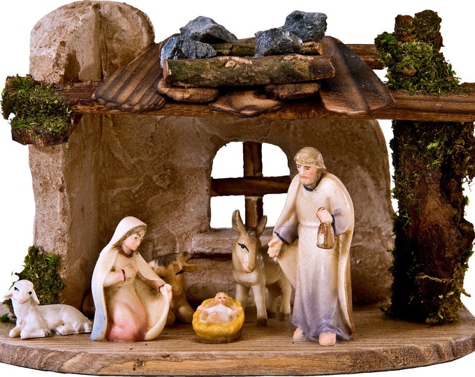 Complete nativity scene 7 pieces with hut, carved in hand-decorated Valgardena wood, various sizes, handicraft production