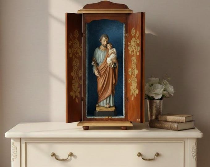 Wooden case 70 cm (27.55 inches) with fabric interior and statue of St. Joseph in marble resin 40 cm (15.74 inches) handcrafted
