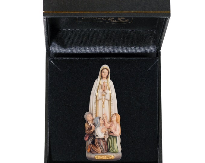 Statue of Our Lady of Fatima with deluxe case carved in Valgardena wood and hand-decorated with Italian craftsmanship