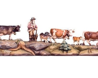 Transhumance sculpture carved in Valgardena wood and decorated by hand, of Italian artisan production