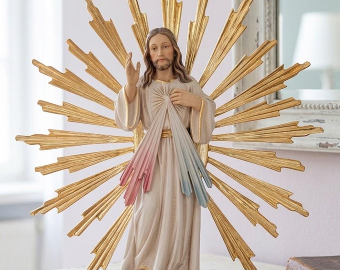 Statue of Merciful Jesus 34 cm (13.39 inches) with halo carved in Valgardena wood, hand-decorated, Italian production