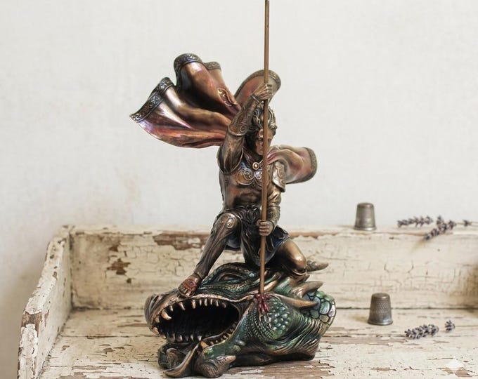 Sculpture of Saint George and the Dragon, 29 cm (11.41 inches) in bronzed resin marble, handcrafted in Italy
