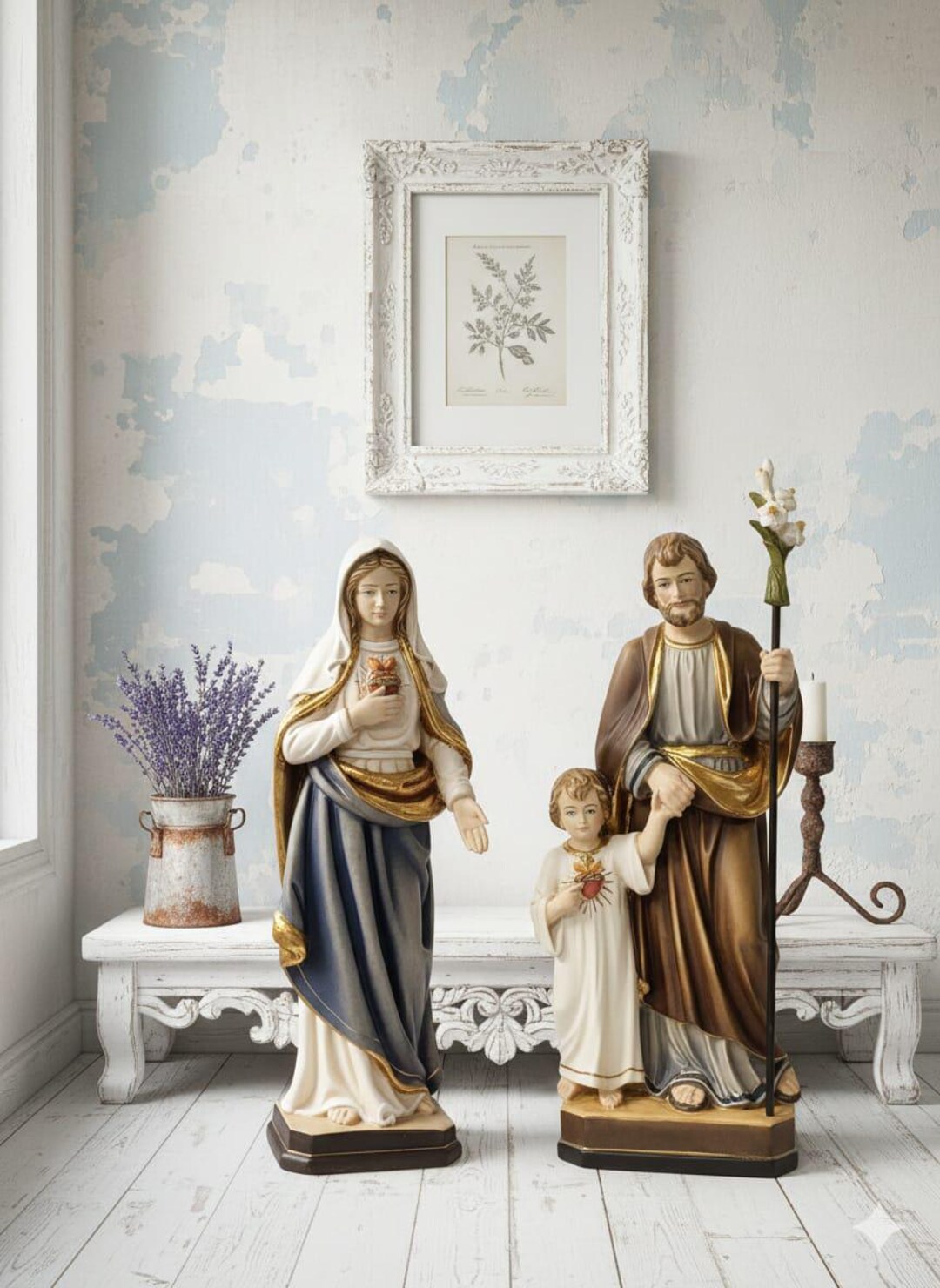 Pair of Sculptures of the Sacred Heart of Mary and Saint Joseph, Carved ...