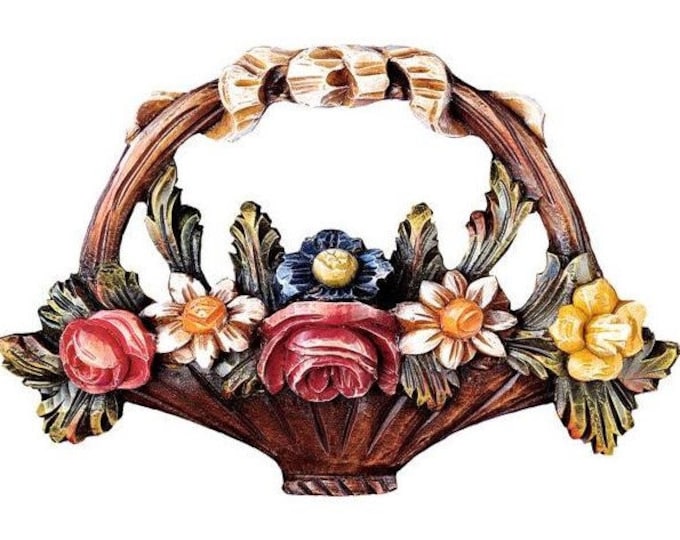 Flora flower basket sculpture, carved in Valgardena wood, hand decorated, Italian artisan production