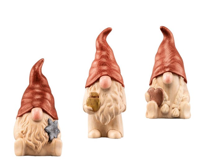 Set of three decorative gnomes carved from Swiss pine wood from Val Gardena, handcrafted in Italy, various sizes available