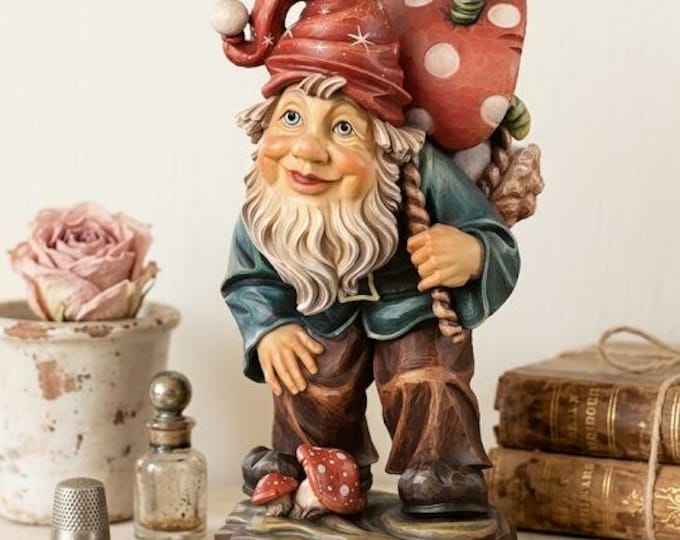 Mushroom Gnome statue carved from Valgardena wood and hand-decorated, handcrafted in Italy.