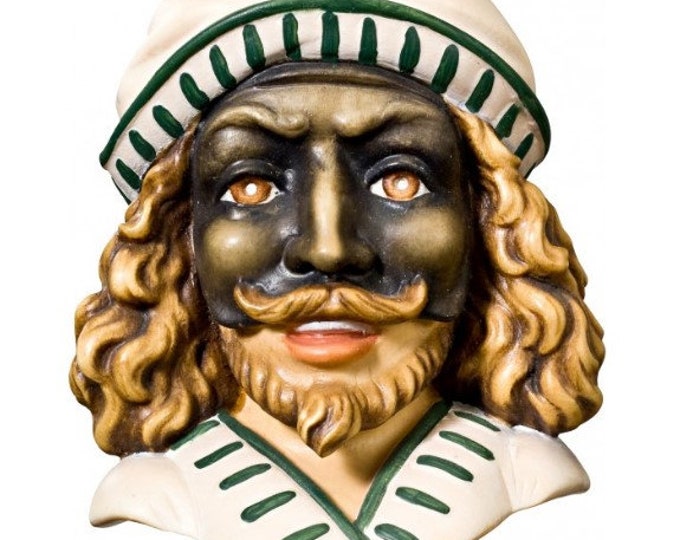 Brighella mask sculpture carved in Valgardena wood, hand decorated, of Italian artisan production