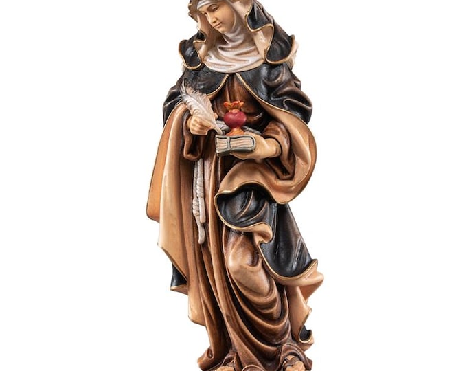 Sculpture of Saint Gertrude the Great carved in Valgardena wood, hand-decorated and handcrafted in Italy.