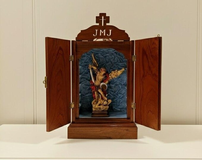Handcrafted wooden display case with fabric interior, with a 27 cm (10.62 inches) foldable marble resin statue of the Archangel Michael