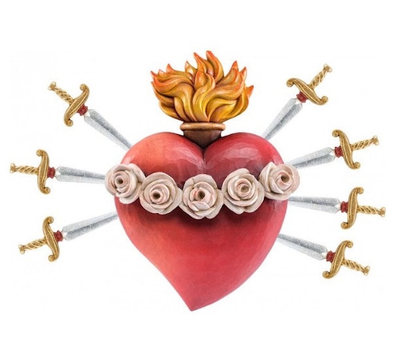 Sacred Heart of Mary Sculpture With 7 Swords, Carved in Valgardena