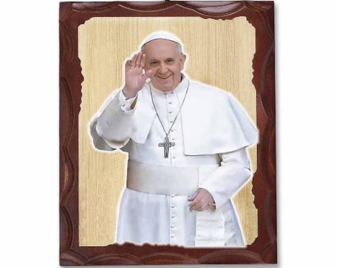 Icon painting on wooden canvas of Pope Francis, Jorge Mario Bergoglio, walnut color 40 cm (15.74 inches) of Italian artisan production
