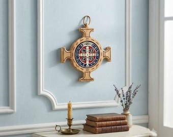 Cross medal of Saint Benedict of Norcia in national olive wood 20 cm (7.87 inches) of Italian artisan production