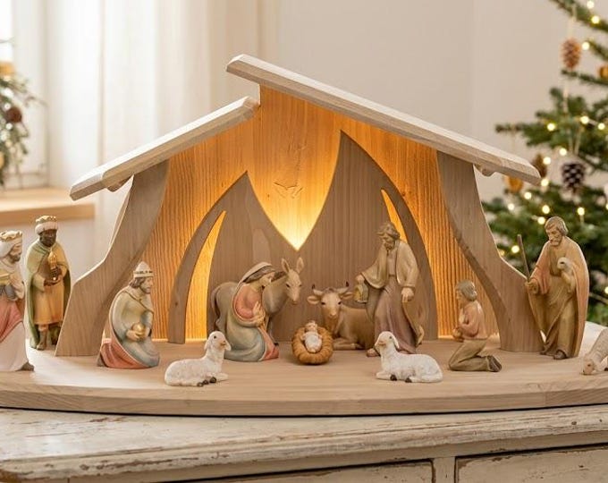 Nativity scene carved in Valgardena wood, 13 pieces with LED hut, various sizes available, Italian artisan production