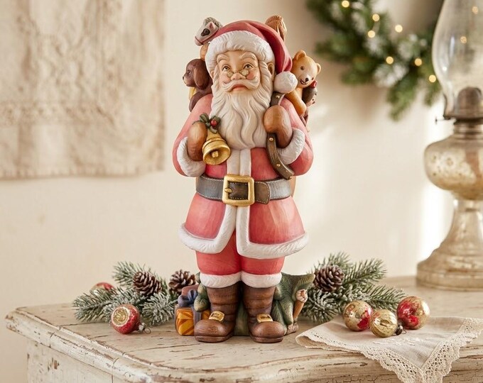 Santa Claus sculpture carved from Valgardena wood and hand-decorated, handcrafted in Italy.