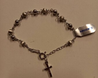 Rosary bracelet in satin 925 silver with hook and heart cross still pendants of Italian artisan production