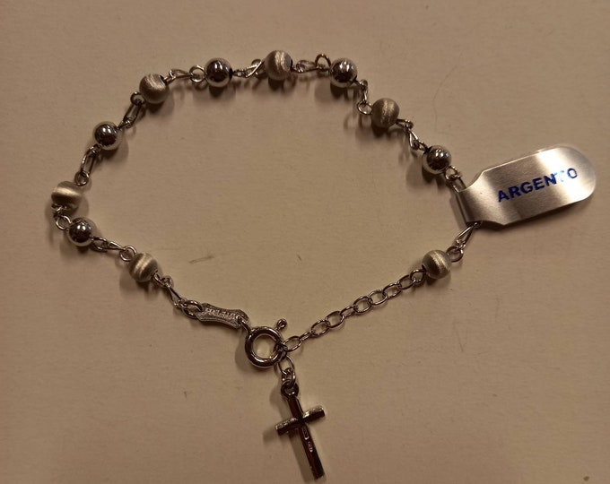 Rosary bracelet in satin 925 silver with hook and heart cross still pendants of Italian artisan production