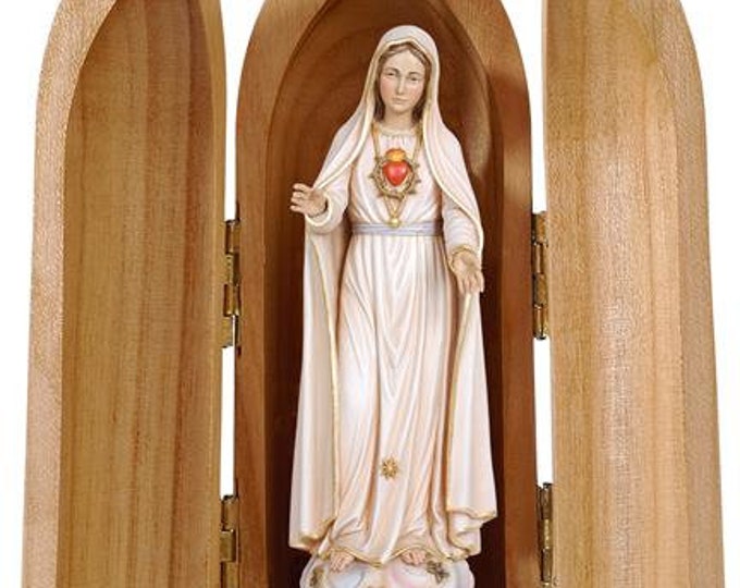Statue of Our Lady of Fatima 5 apparition with niche, carved in wood of Valgardena decorated by hand of Italian production