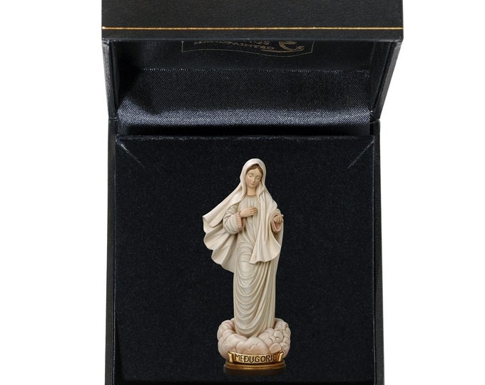 Statue of Our Lady of Medjugorje with deluxe case carved in Valgardena wood and hand decorated, Italian artisan production