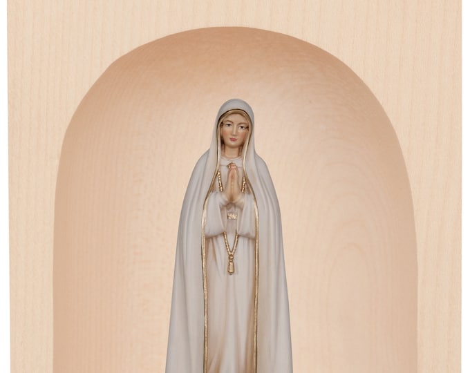Candle holder with sculpture of Our Lady of Fatima, carved in Valgardena wood, hand decorated, Italian production