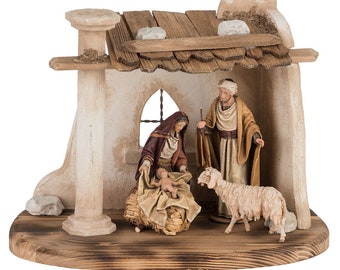 Immanuel nativity scene carved in Valgardena wood, decorated by hand, 4 pieces with hut, various sizes, Italian artisan production