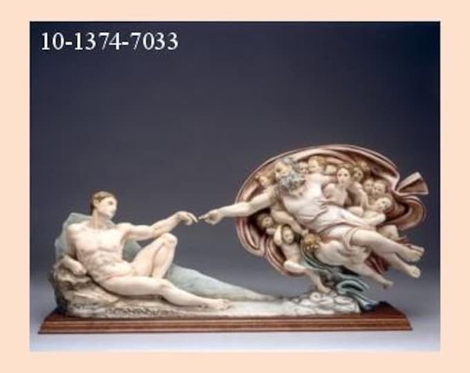 Statue of the creation of Adam cm 79 x 38 (31 x 15 inches) in alabaster powder, wooden base, hand decorated, made in Italy