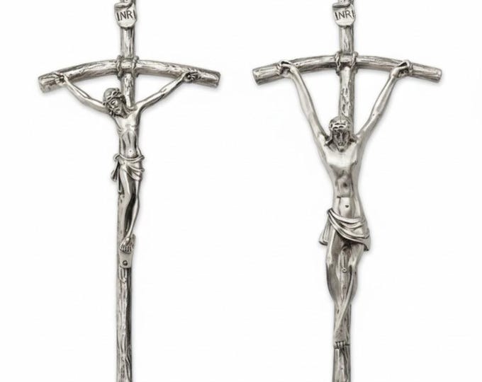 Pastoral Crucifix in brushed metal, 28.5 cm (11.22 inches), two models available, handcrafted in Italy