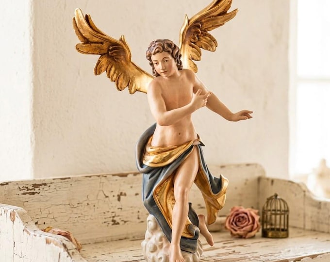 Neapolitan-style freestanding angel sculpture, carved from Valgardena wood and hand-decorated, made in Italy, available in various sizes.
