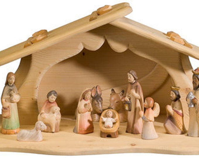 Complete nativity scene 15 pieces, carved in Valgardena wood and decorated by hand, with hut, Italian artisan production